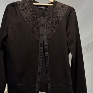 Karen Millen Black Knitwear with inset lace at shoulders fitted sweater